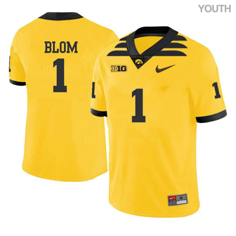 Youth Iowa Hawkeyes NCAA #1 Aaron Blom Yellow Authentic Nike Alumni Stitched College Football Jersey II34M21SV
